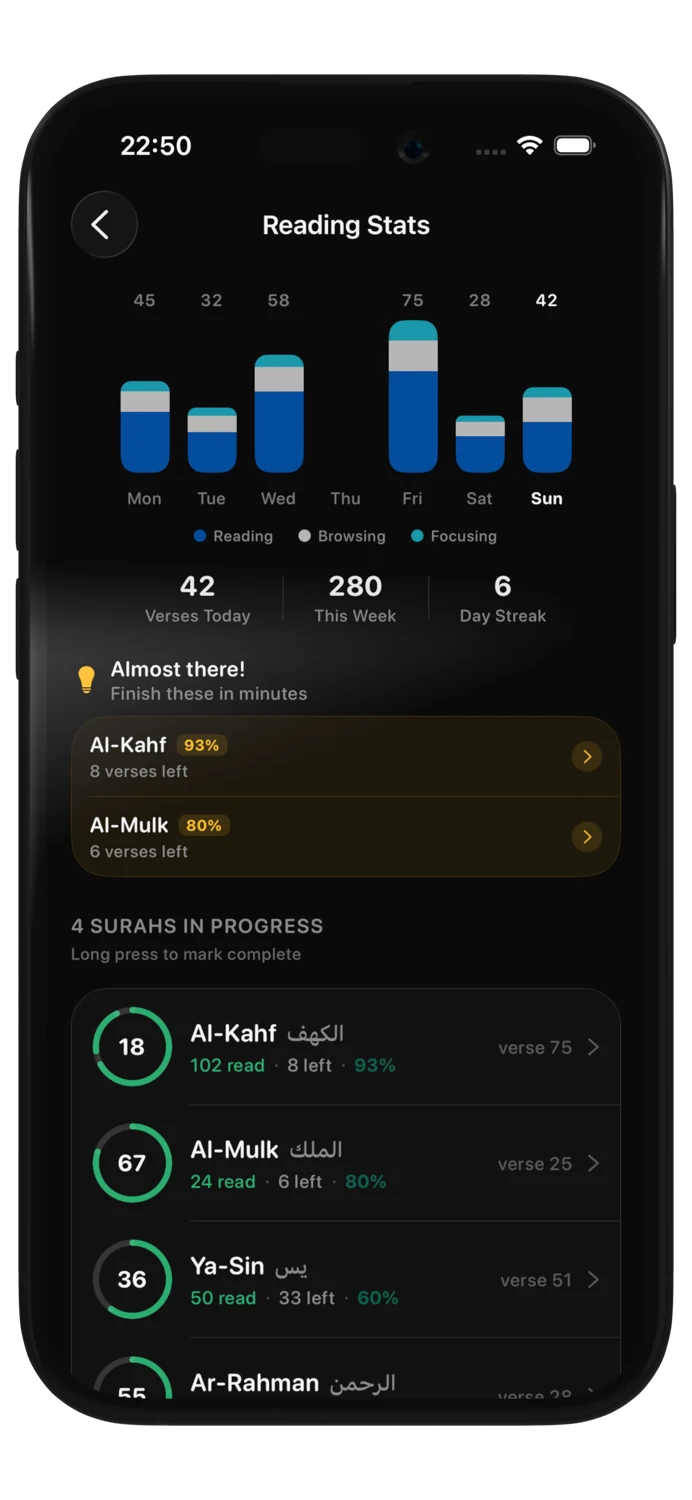 Reading statistics showing weekly activity, a six-day streak, and progress through individual surahs